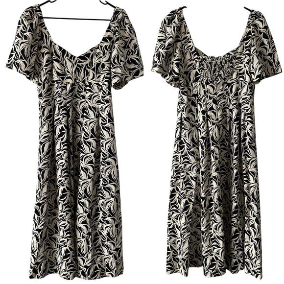 A NEW DAY NWOT Floral Puff Sleeve Midi Dress Black Cream Size 10 Sweetheart Neck - Picture 1 of 10